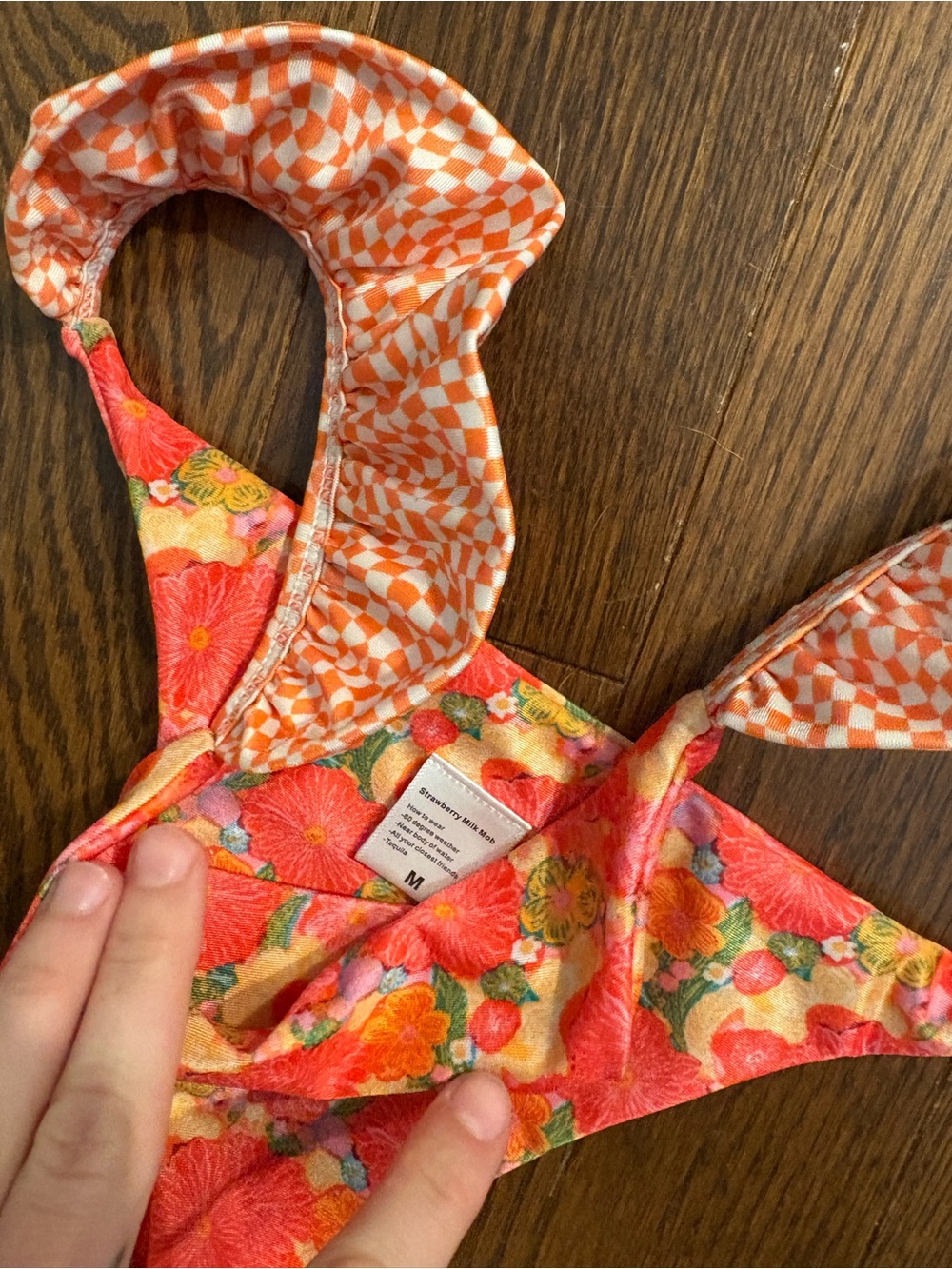 Strawberry Milk Mob Orange Floral Check Bikini Top - Picture 3 of 4